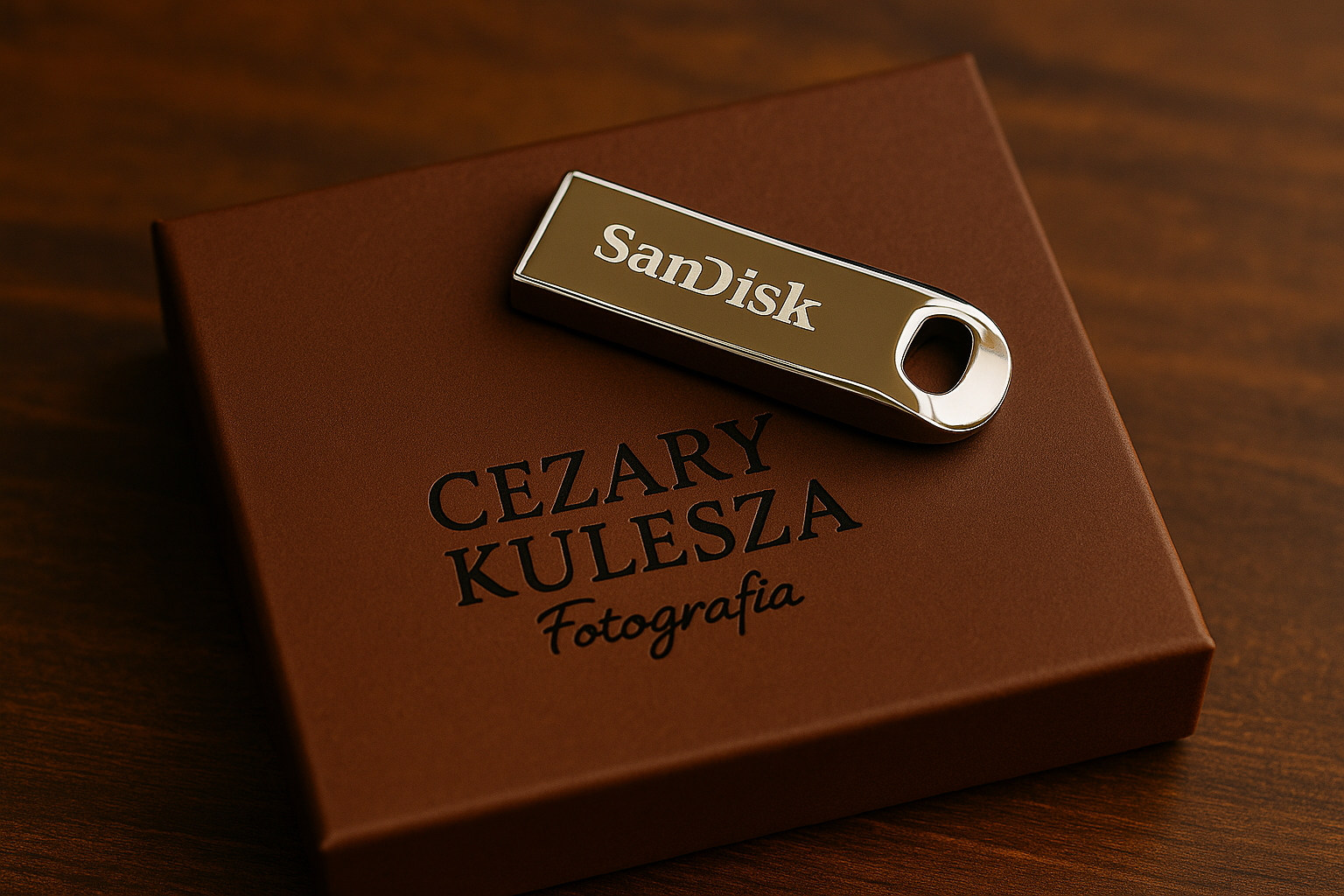 Metalowy pendrive SanDisk w kolorze srebrnym leży na eleganckim, brązowym pudełku z napisem "Cezary Kulesza Fotografia". Całość sfotografowana na tle drewnianego blatu, tworzy profesjonalną i estetyczną prezentację nośnika danych dla klientów fotograficznych.
